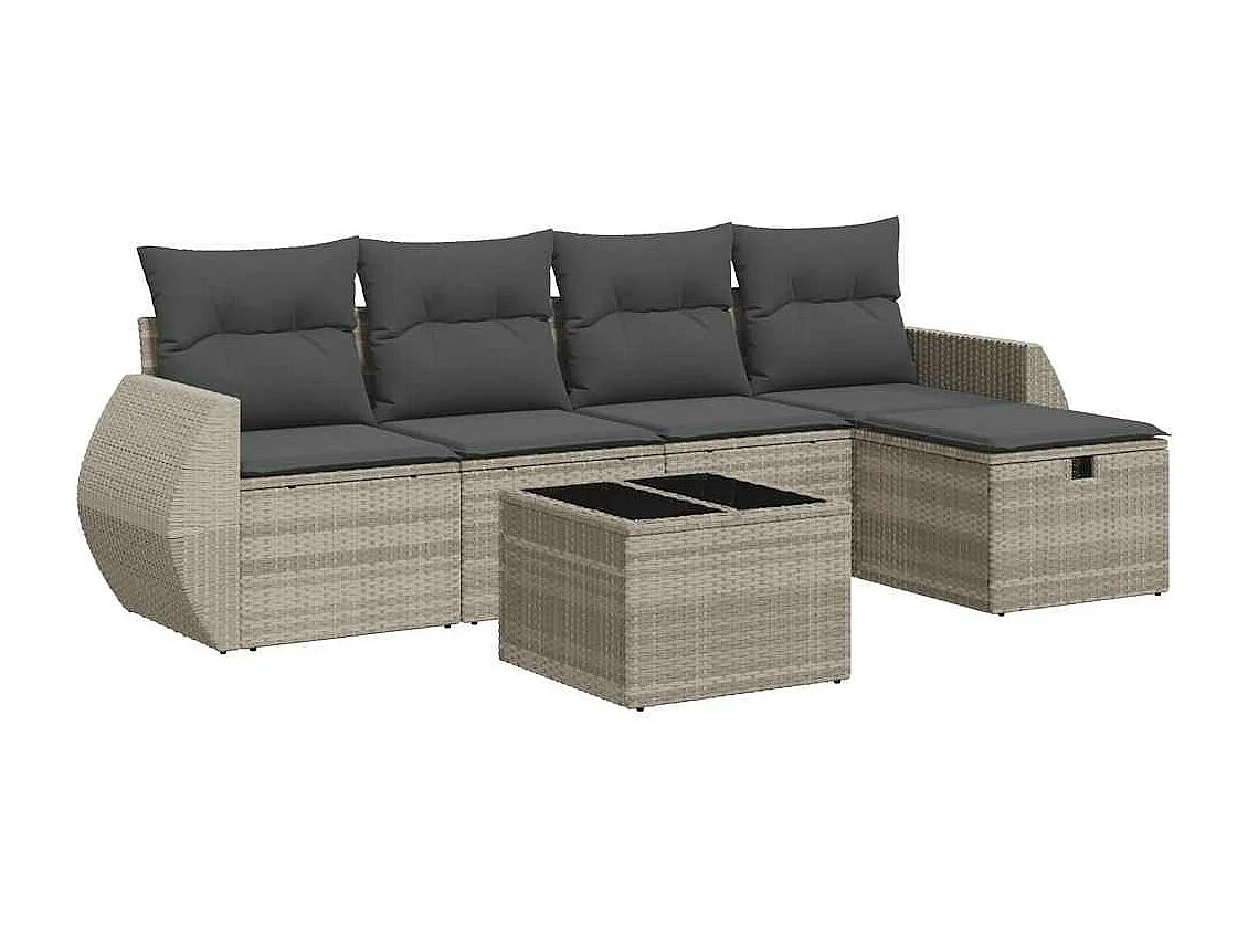 Set de sofás de jardín 6 piezas y cojines ratán sintético gris