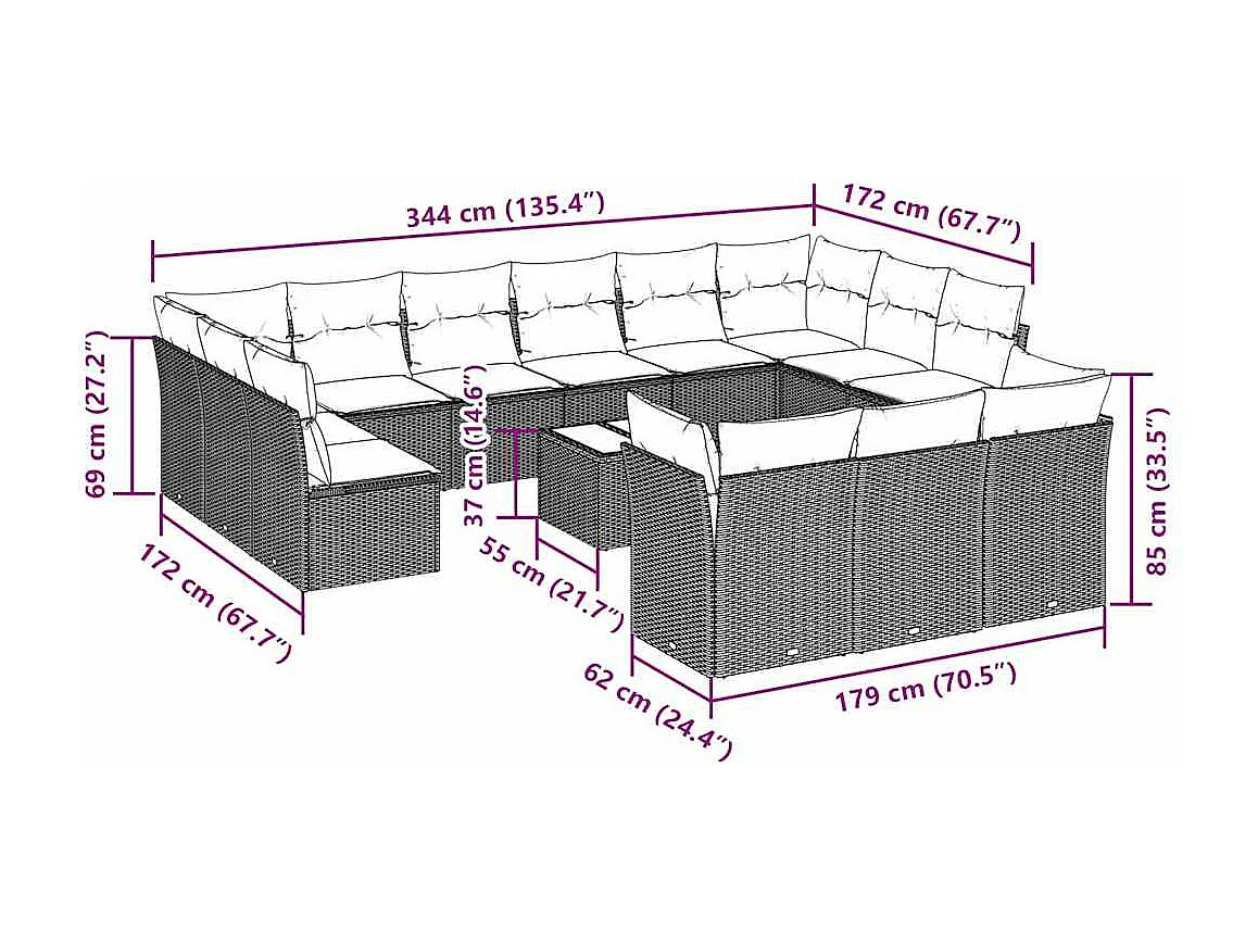 Set sofás jardín 14 piezas con cojines ratán sintético gris claro