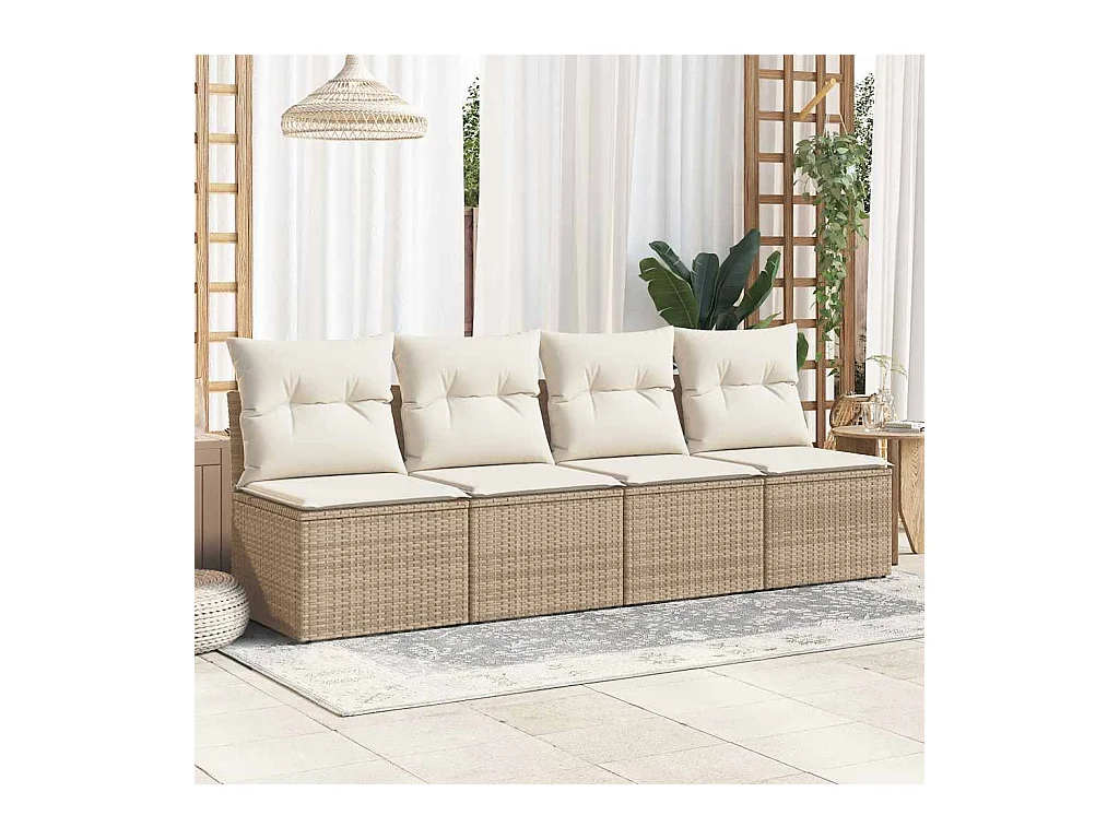 Salon de jardin avec coussins 4 pièces beige résine tressée acacia