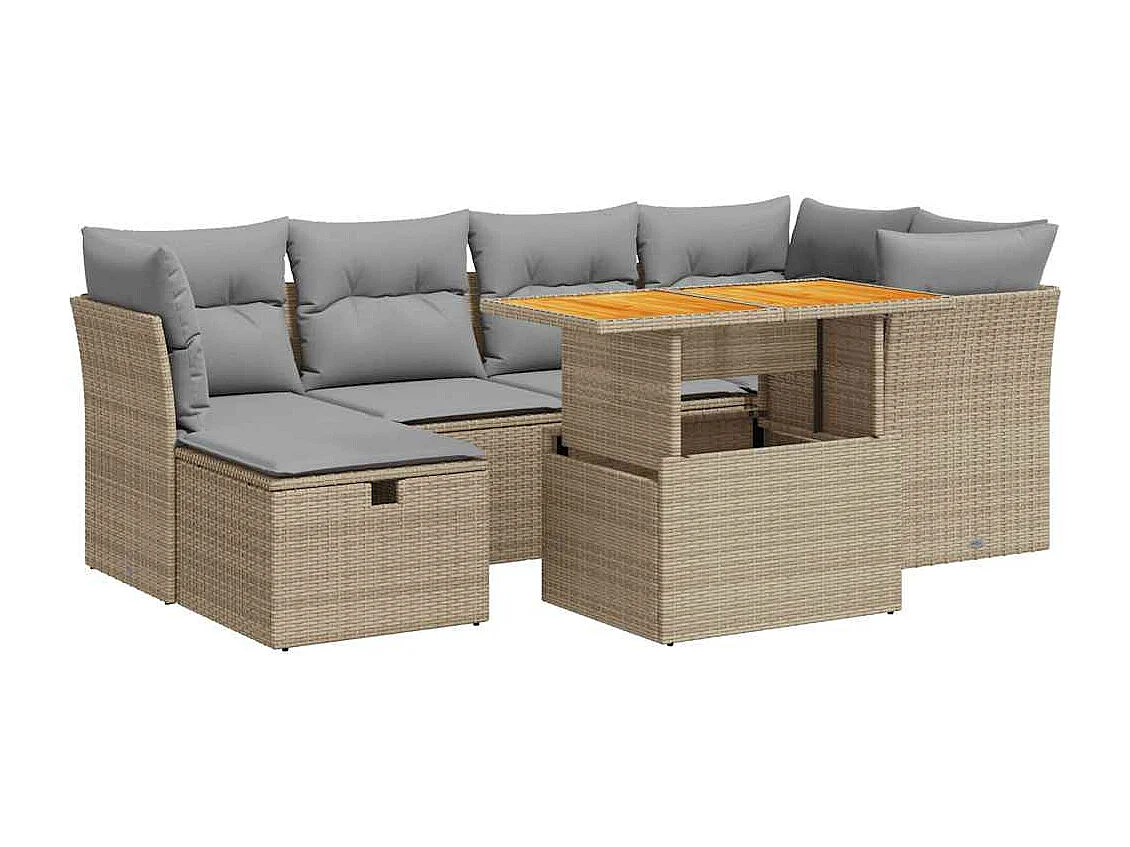 7 peças conjunto sofás jardim com almofadões vime PE/acácia bege
