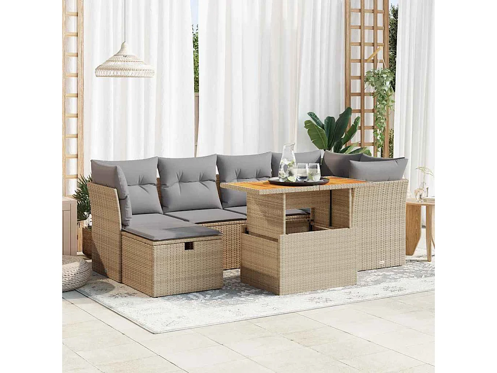 Salon de jardin avec coussins 7 pièces beige résine tressée acacia