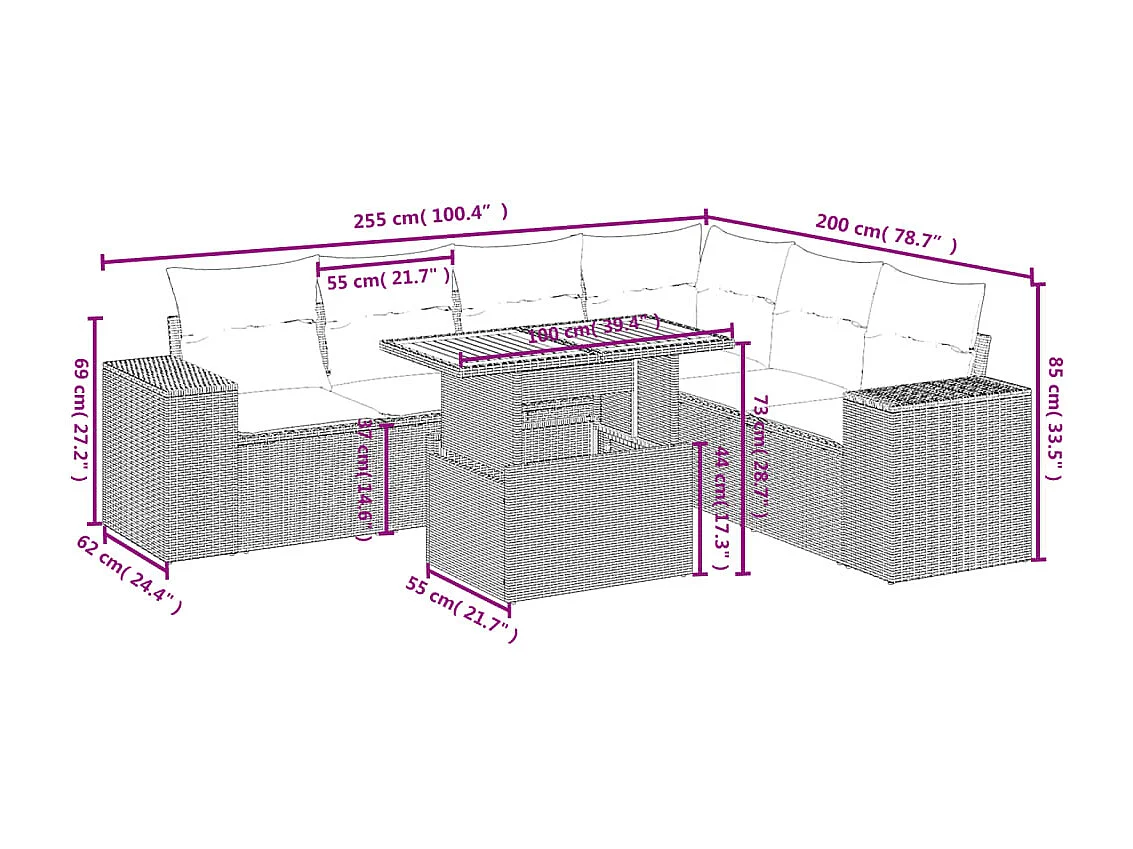 7 peças conjunto de sofás para jardim com almofadões vime PE bege