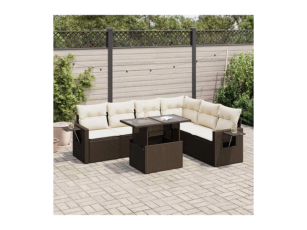 7-delige Loungeset met kussens poly rattan bruin