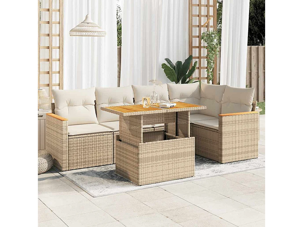 5 peças conj. sofás para jardim com almofadões vime PE/acácia bege