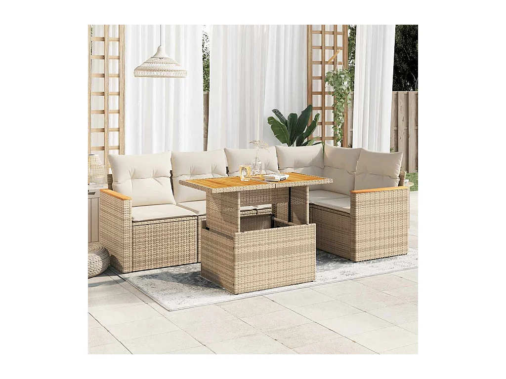 6-delige Loungeset met kussens poly rattan acacia beige