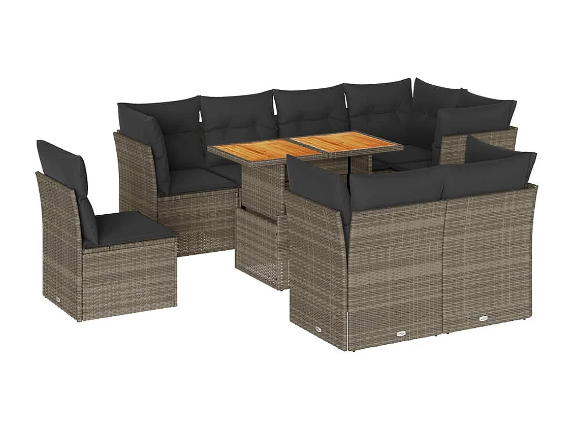 Set de sofás de jardín con cojines 9 piezas ratán sintético gris