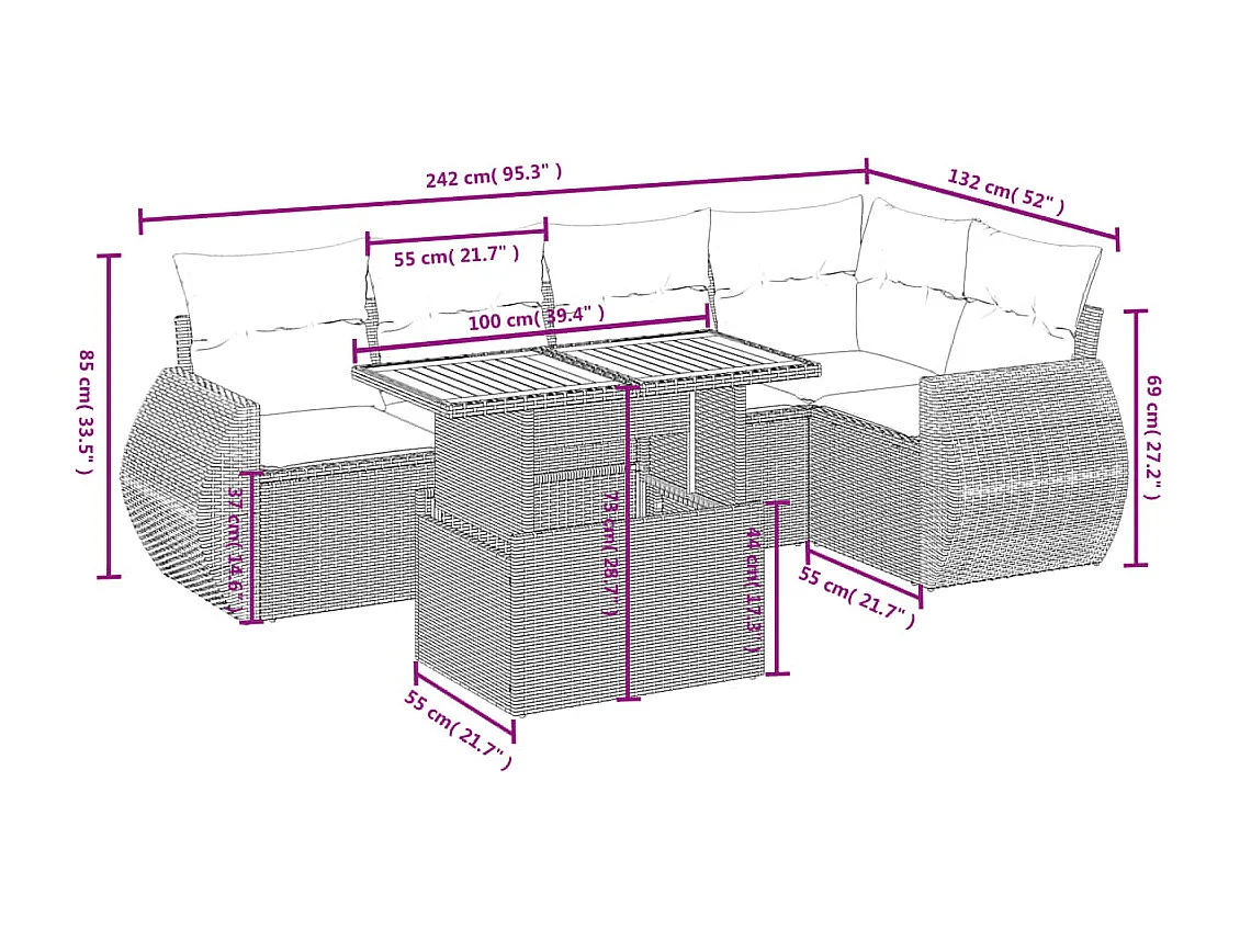 6 peças conjunto de sofás para jardim com almofadões vime PE bege