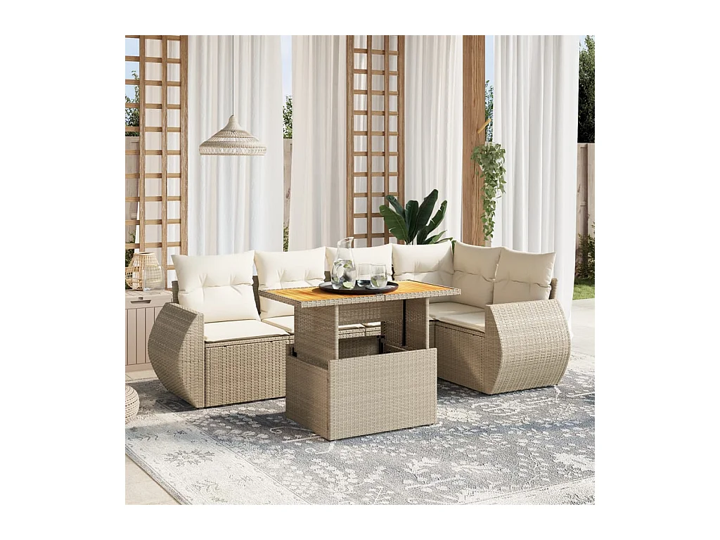 6-delige Loungeset met kussens poly rattan beige