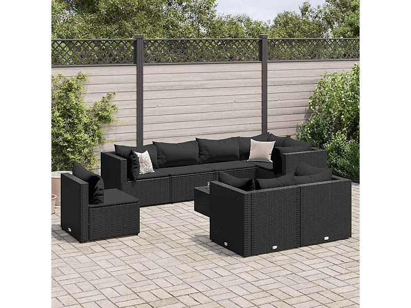 Salon de jardin 9 pièces avec coussins Noir Résine tressée