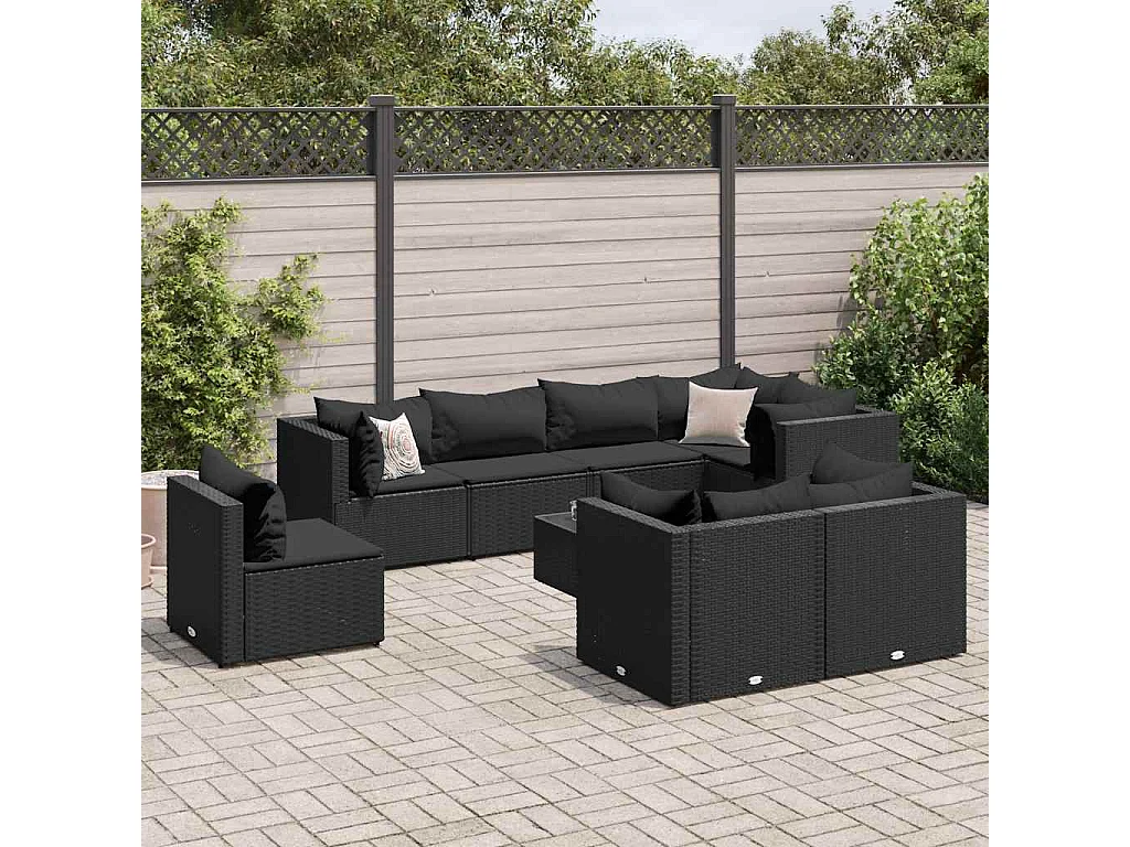 Salon de jardin 9 pièces avec coussins Noir Résine tressée