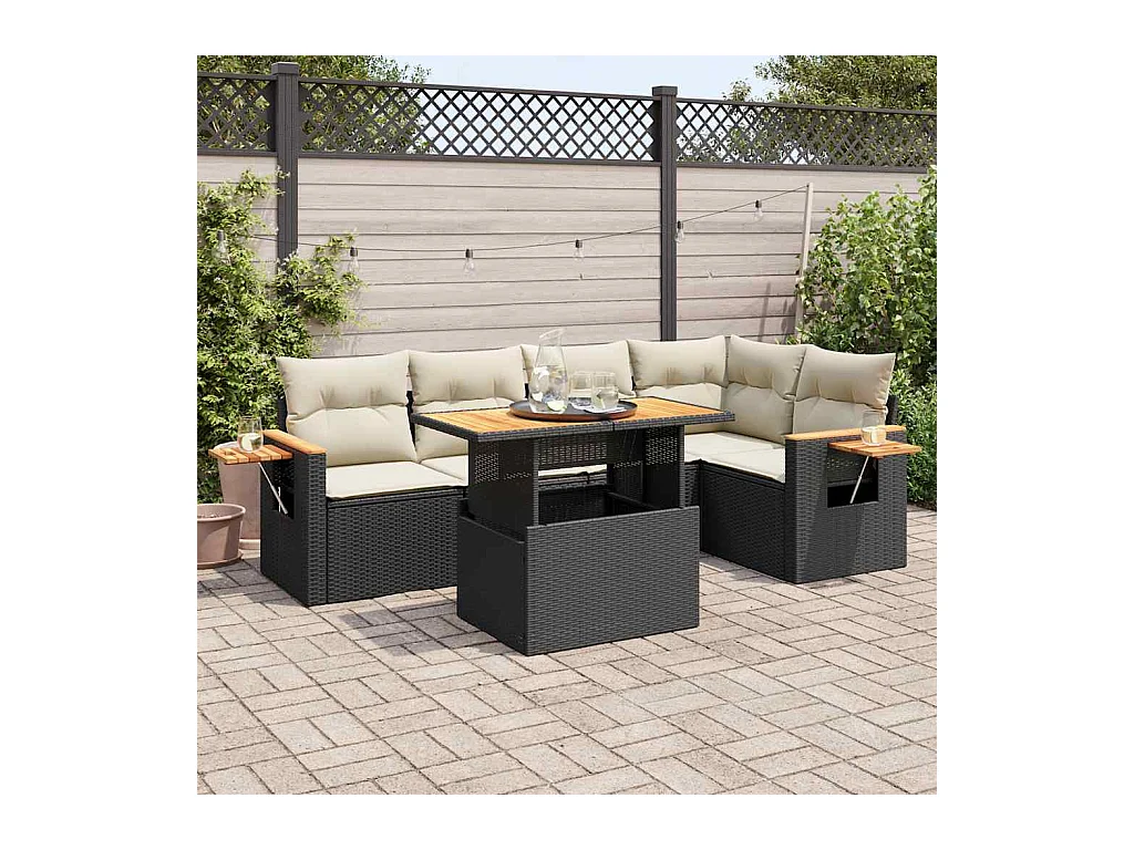 6-delige Loungeset met kussens poly rattan acacia zwart