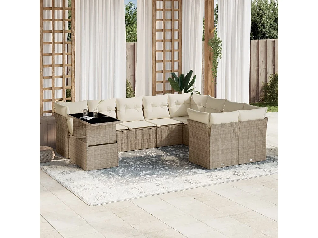 Salon de jardin avec coussins 10 pièces beige résine tressée