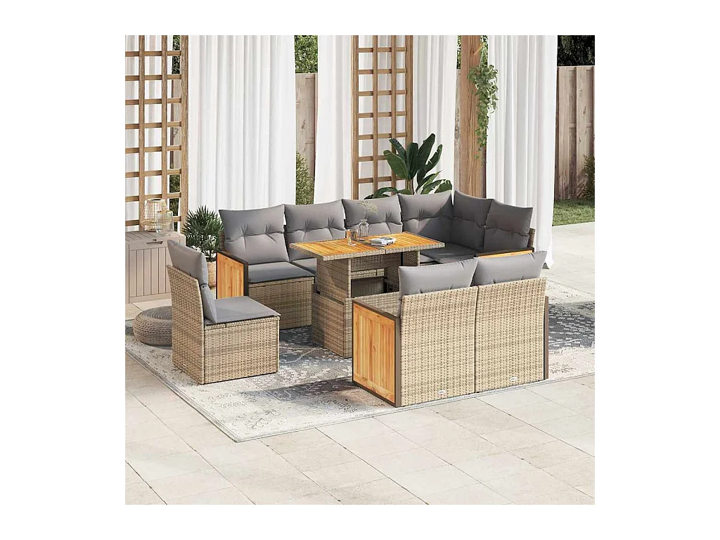 Salon de jardin avec coussins 9 pièces beige résine tressée acacia