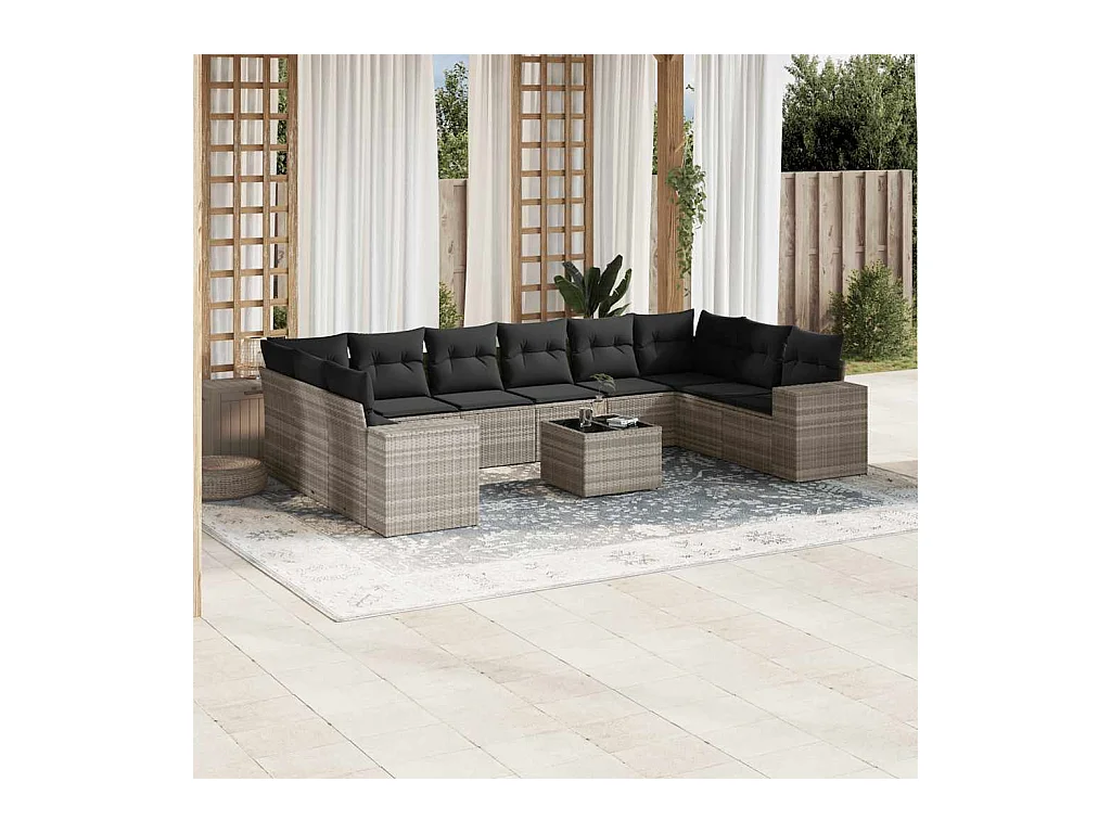 Set de sofás de jardín 11 piezas y cojines ratán sintético gris