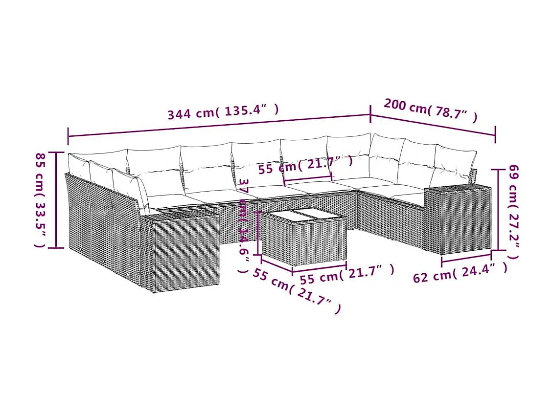 Salon de jardin 11 pièces avec coussins gris clair résine tressée