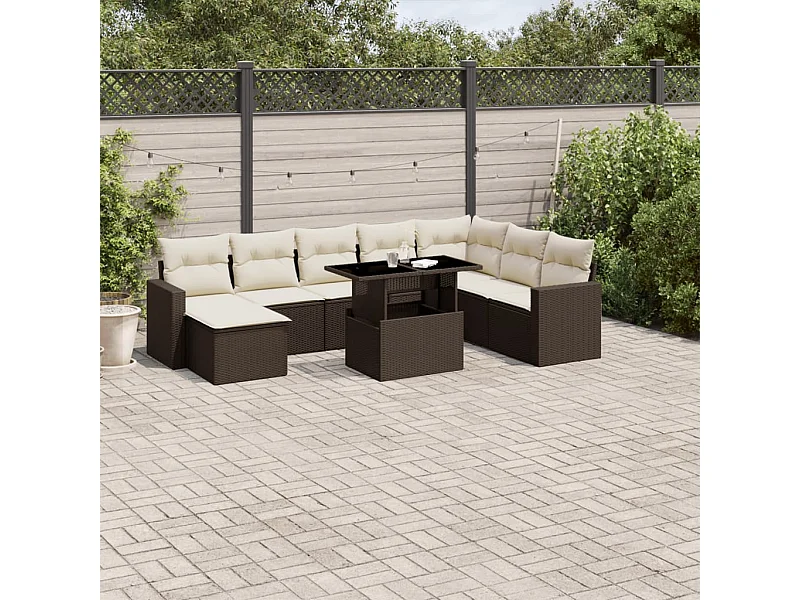 Salon de jardin avec coussins 9 pièces marron résine tressée
