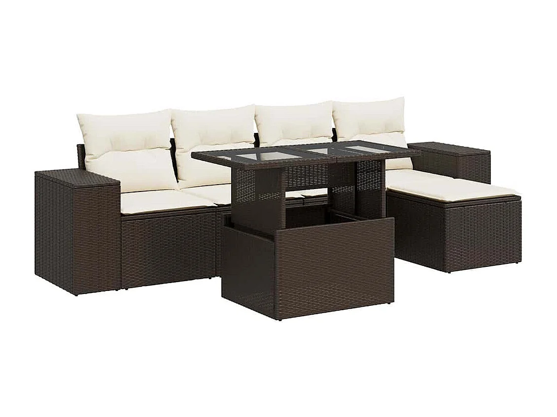 Set sofás de jardín 6 piezas y cojines ratán sintético marrón