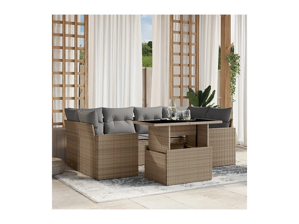 7-delige Loungeset met kussens poly rattan beige