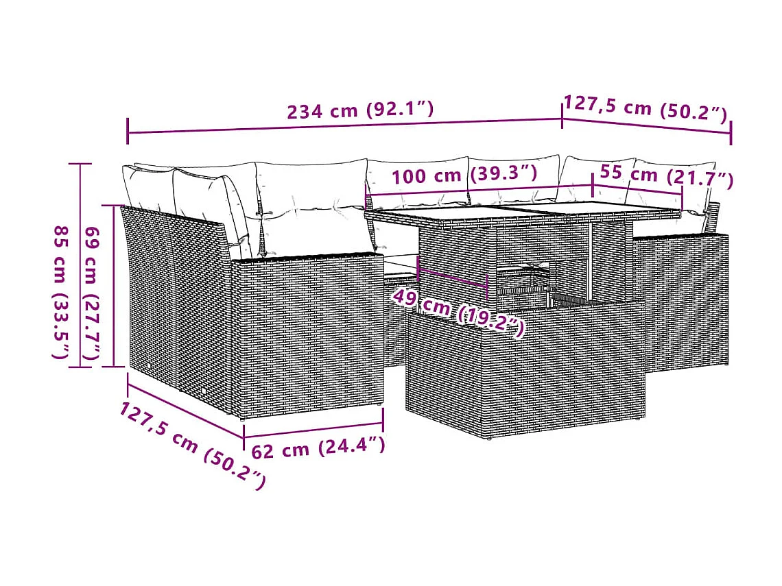 7-delige Loungeset met kussens poly rattan beige