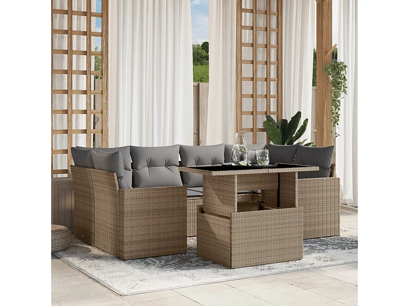 Set sofás de jardín 7 piezas y cojines ratán sintético beige