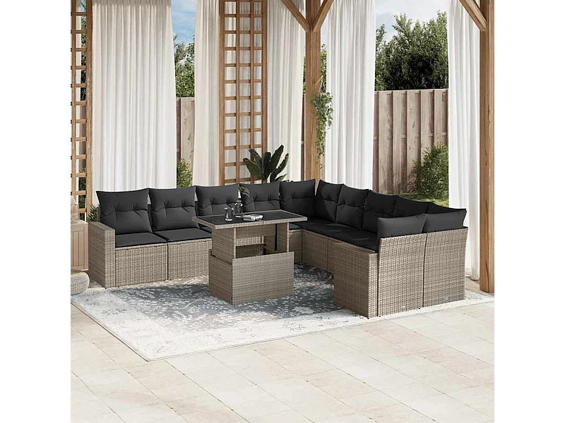 Salon de jardin 11 pièces avec coussins gris clair résine tressée