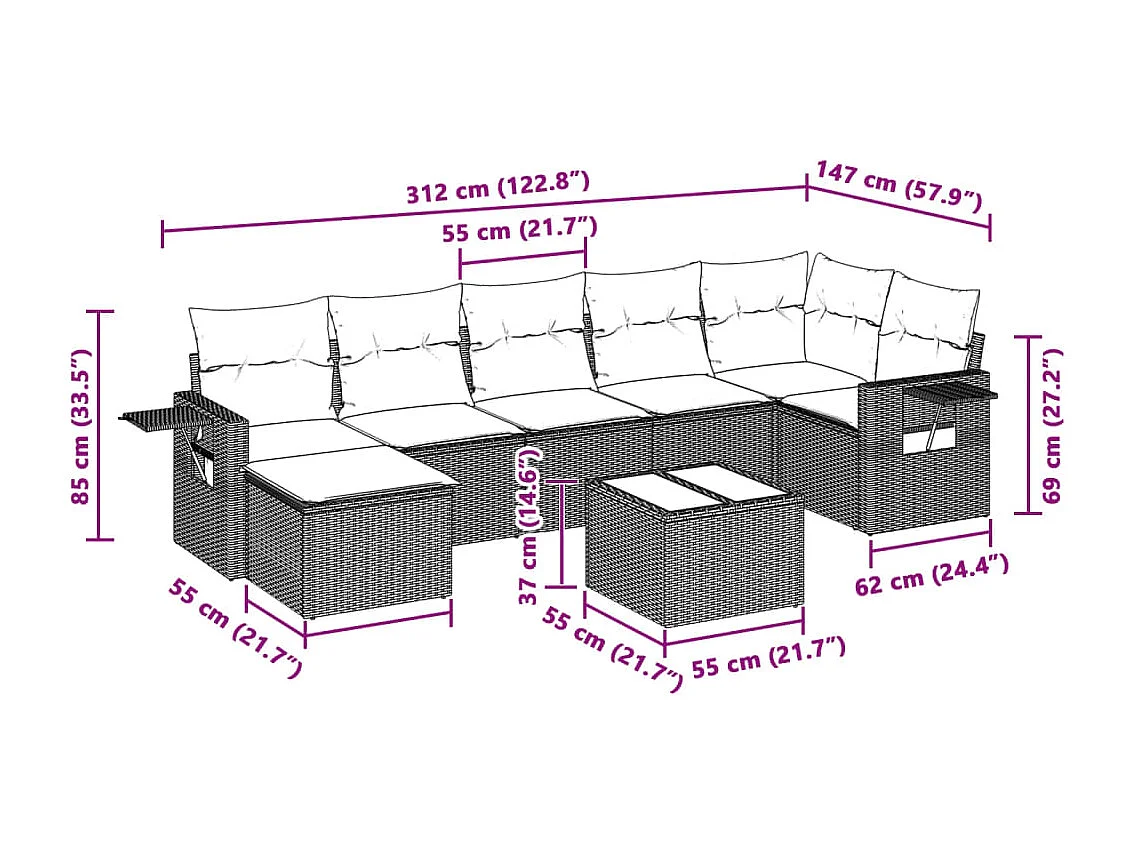 8-delige Loungeset met kussens poly rattan lichtgrijs