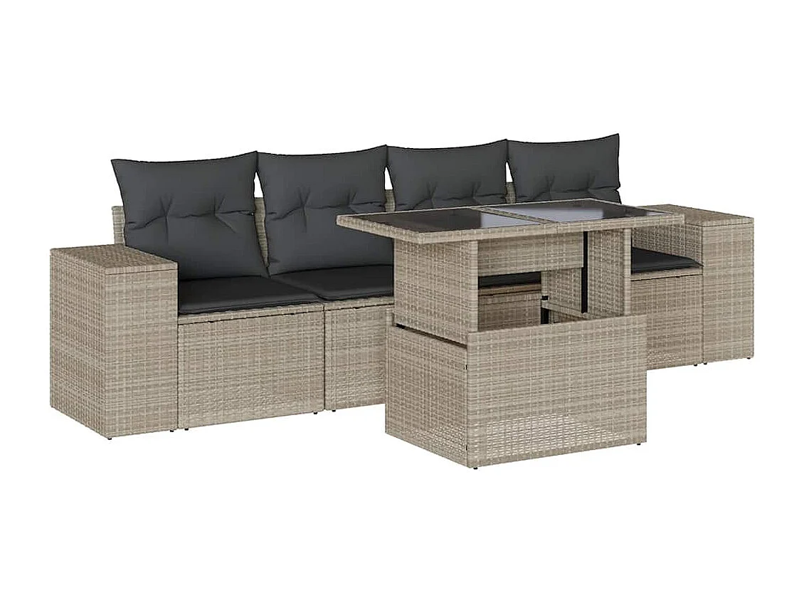 Salon de jardin 5 pièces avec coussins gris clair résine tressée