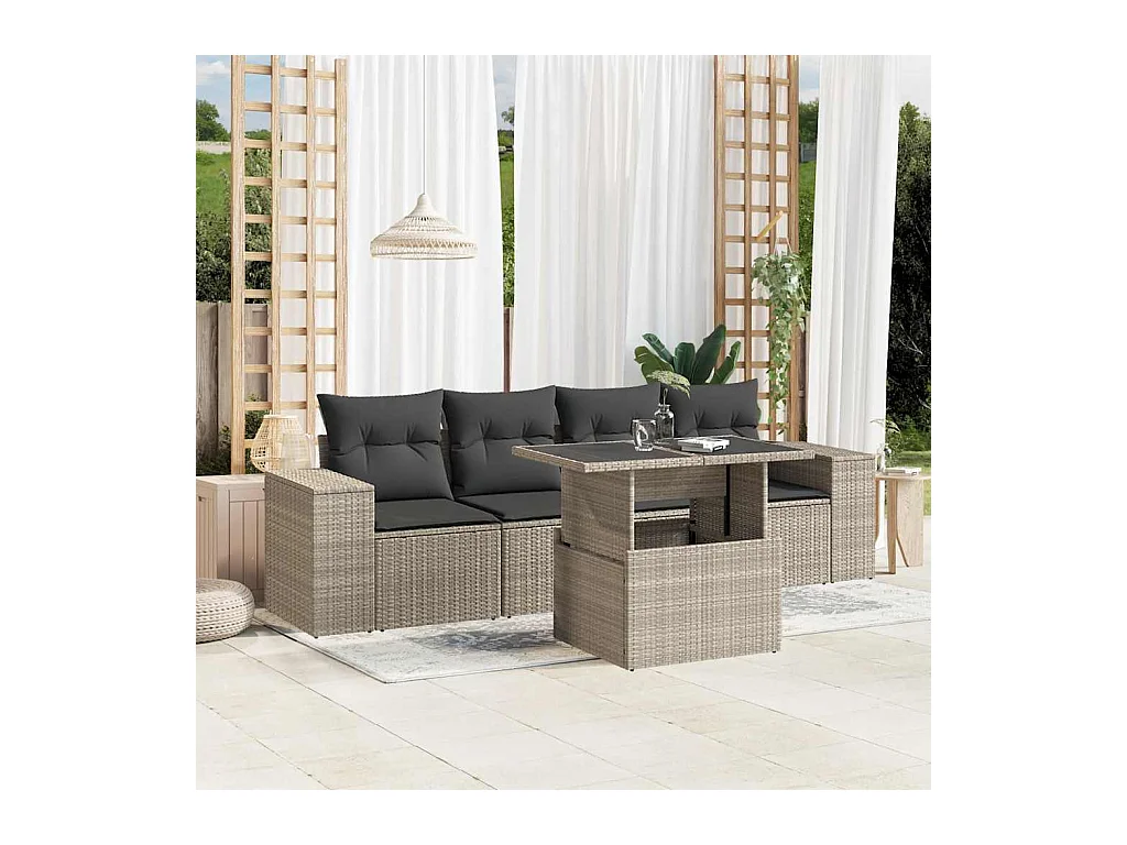 Salon de jardin 5 pièces avec coussins gris clair résine tressée