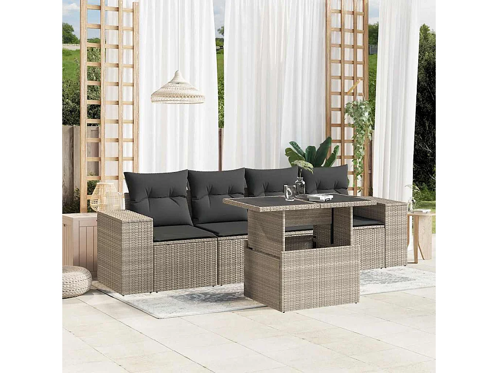 Set de sofás jardín y cojines 5 piezas ratán sintético gris claro