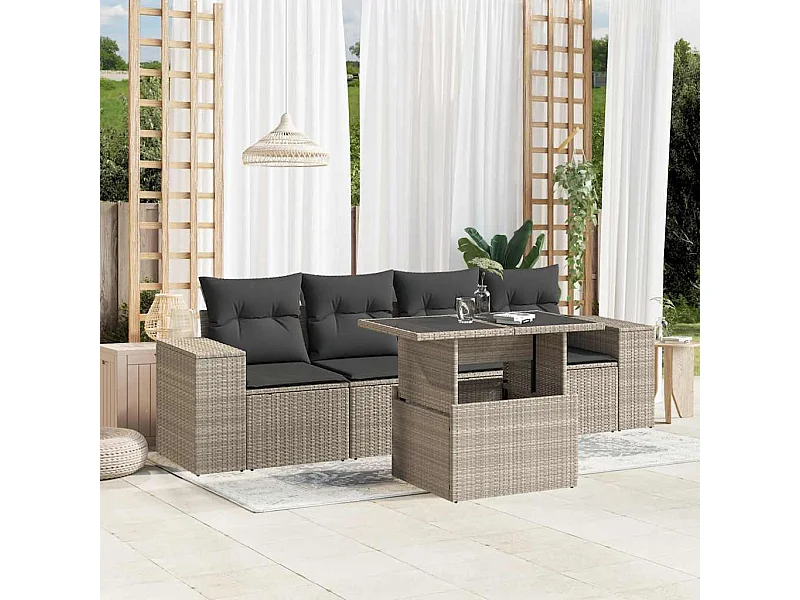 Salon de jardin 5 pièces avec coussins gris clair résine tressée