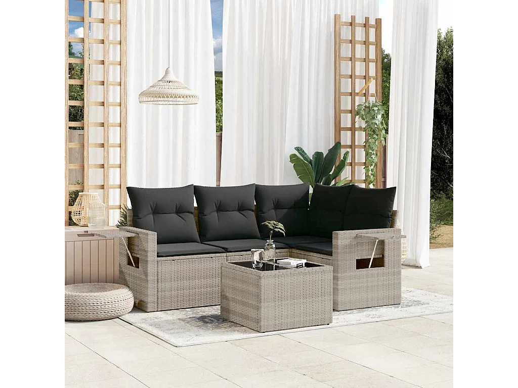 Salon de jardin 5 pièces avec coussins gris clair résine tressée