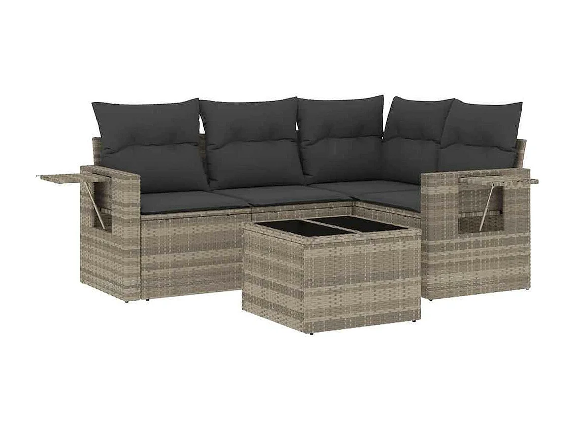 Salon de jardin 5 pièces avec coussins gris clair résine tressée