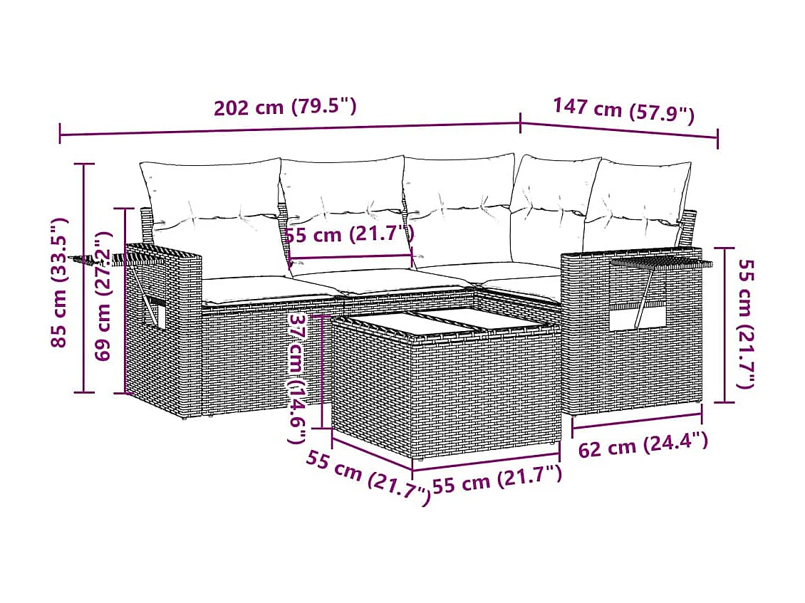 Salon de jardin 5 pièces avec coussins gris clair résine tressée