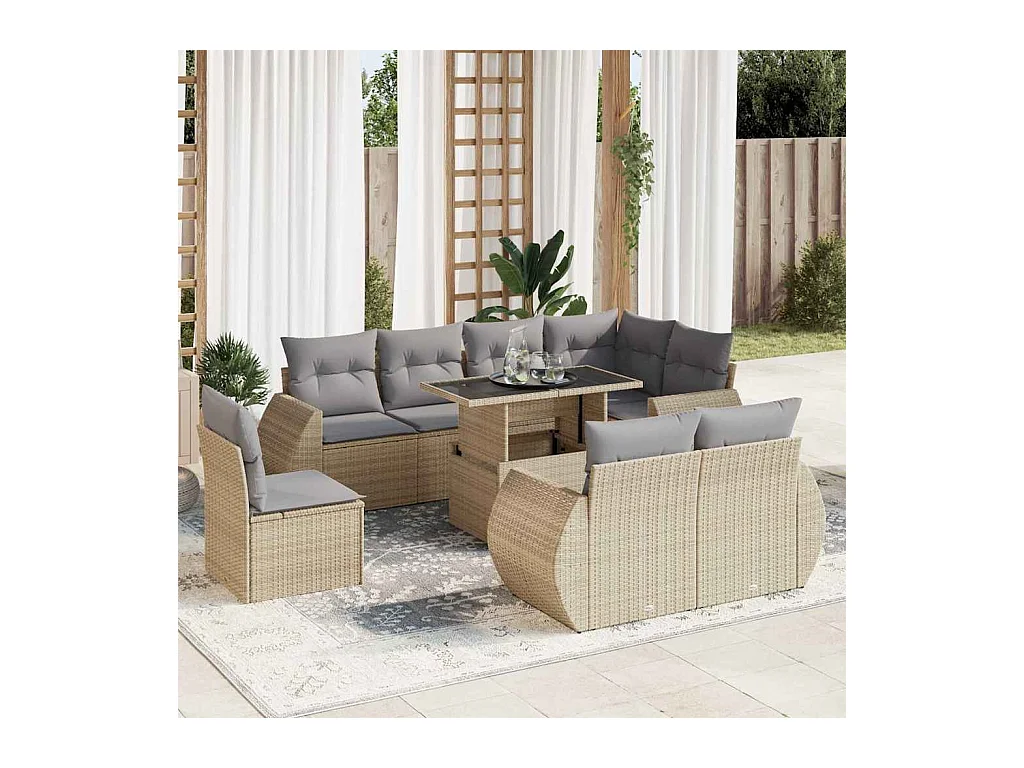 9 peças conjunto de sofás para jardim com almofadões vime PE bege