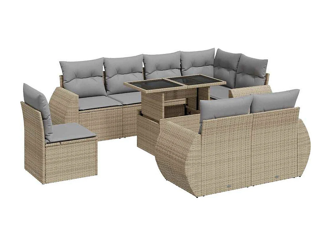 9-delige Loungeset met kussens poly rattan beige