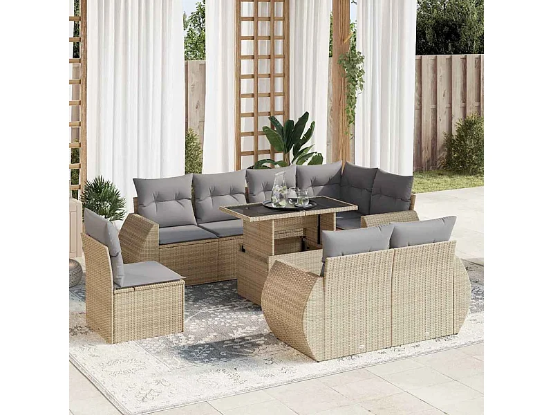9-delige Loungeset met kussens poly rattan beige
