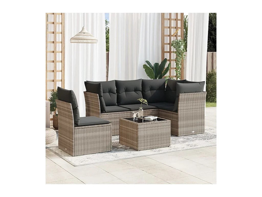 Set de sofás de jardín 6 piezas y cojines ratán sintético gris