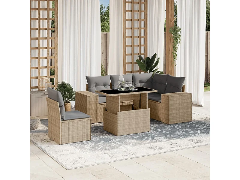 6-delige Loungeset met kussens poly rattan beige