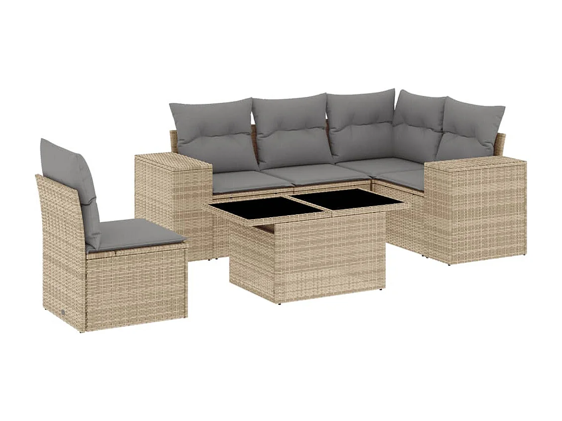 6-delige Loungeset met kussens poly rattan beige