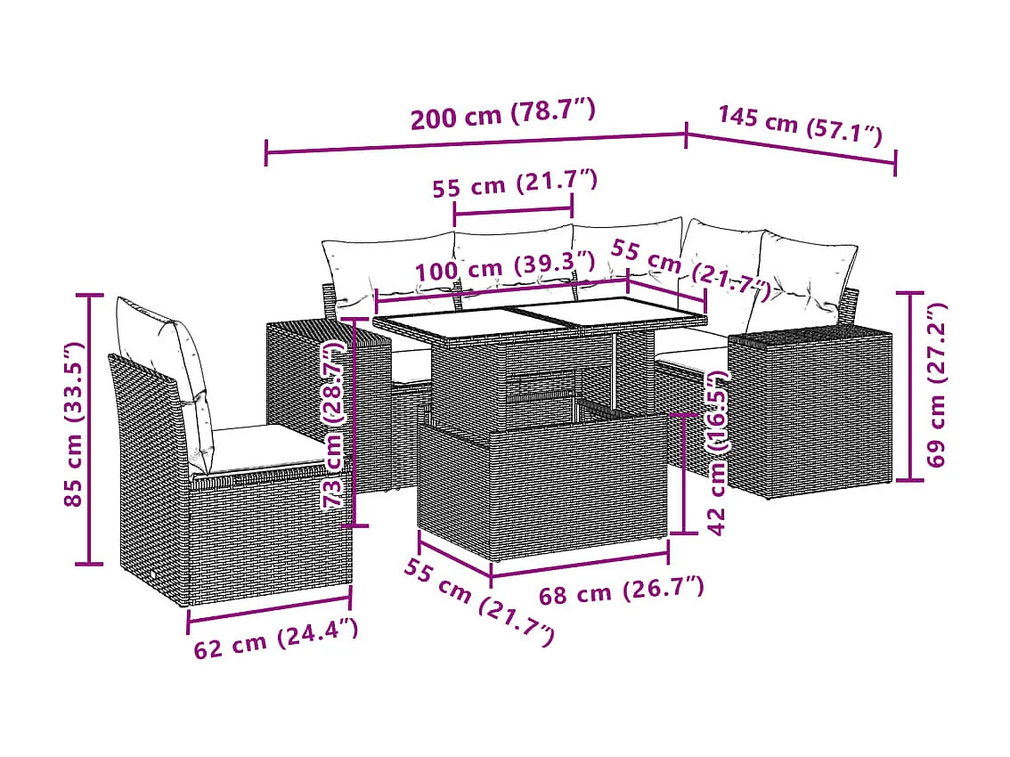 6-delige Loungeset met kussens poly rattan beige