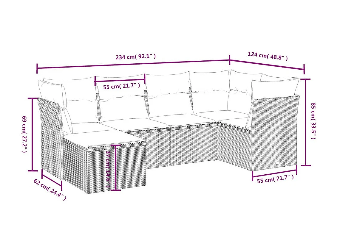 6-delige Loungeset met kussens poly rattan lichtgrijs