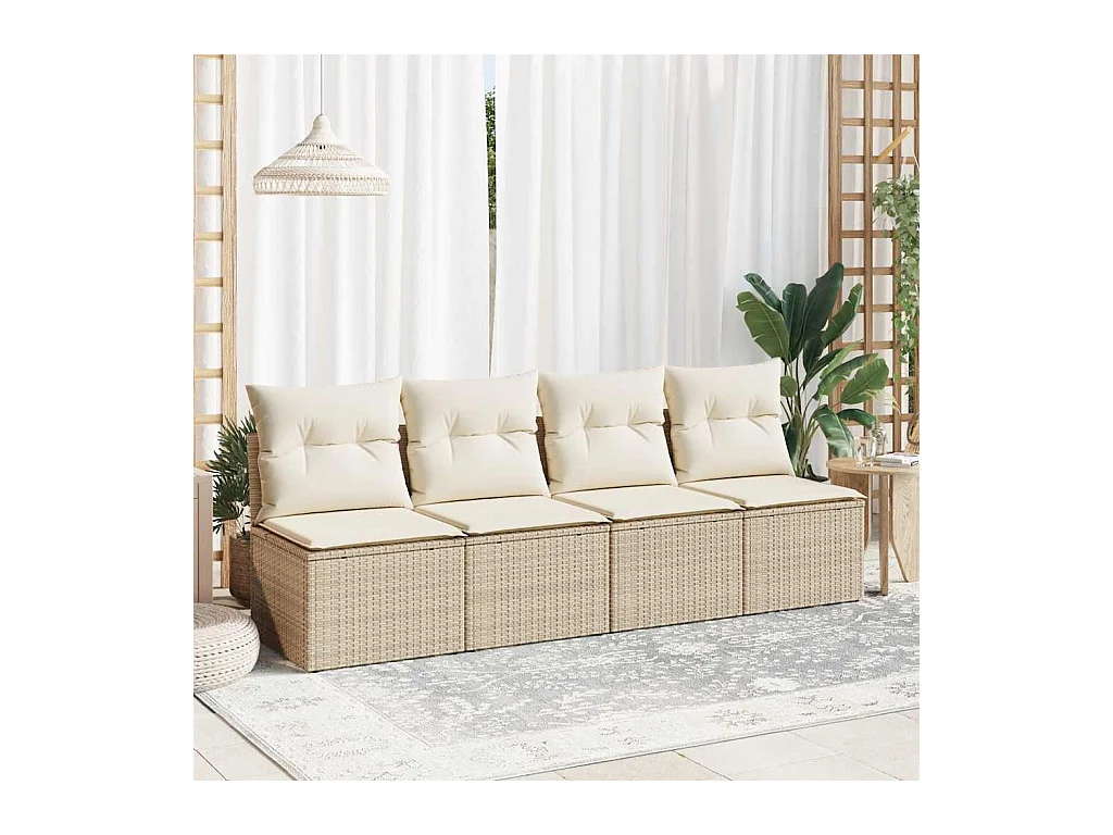 Salon de jardin avec coussins 4 pièces beige résine tressée acacia