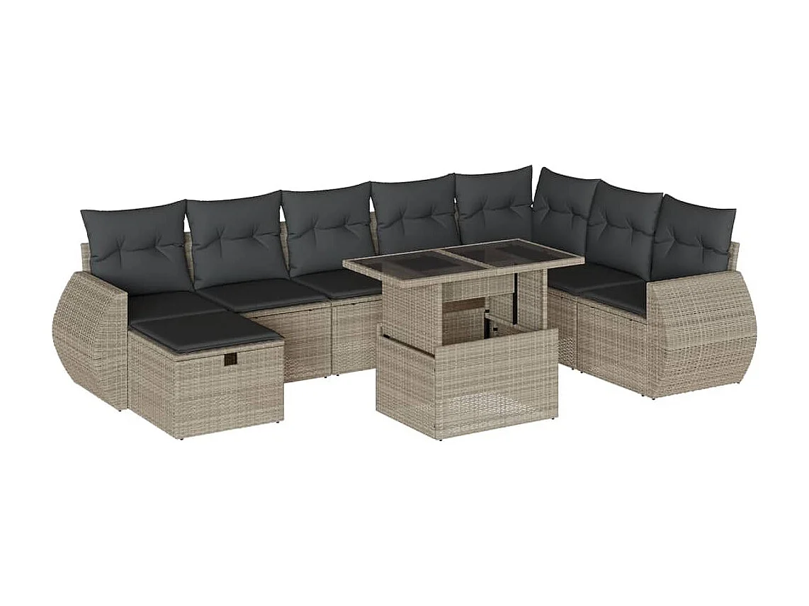 Salon de jardin 9 pièces avec coussins gris clair résine tressée