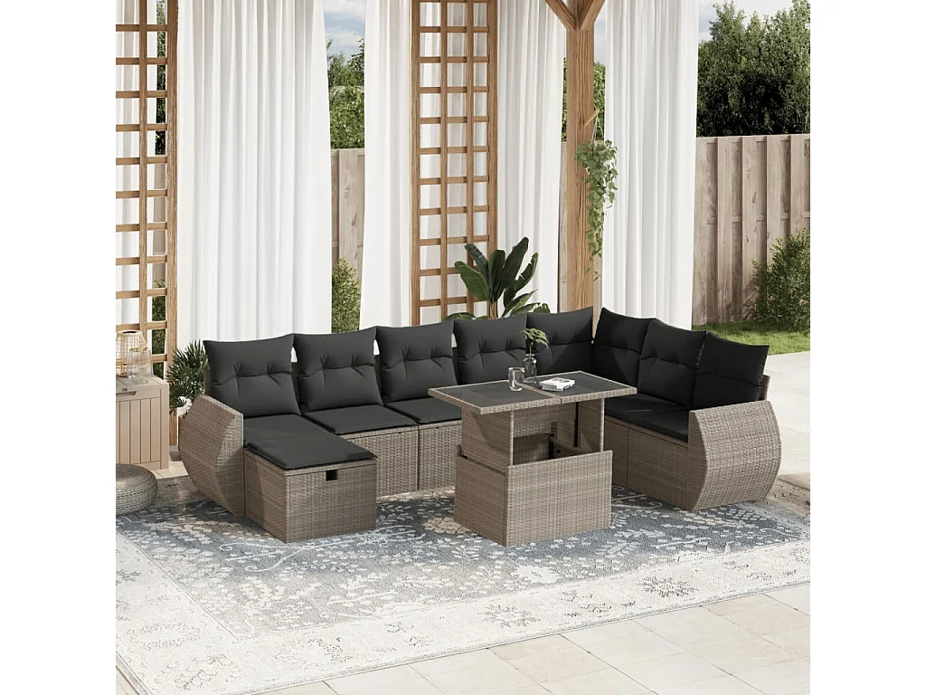 Salon de jardin 9 pièces avec coussins gris clair résine tressée