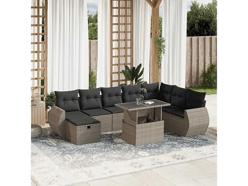 Salon de jardin 9 pièces avec coussins gris clair résine tressée
