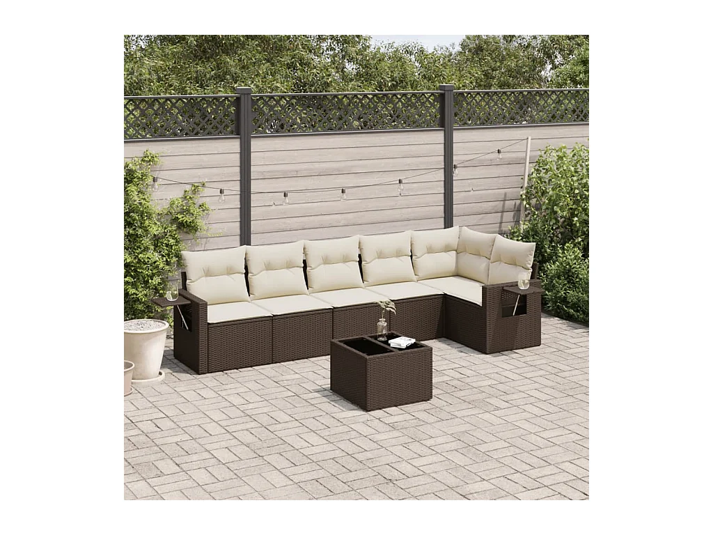 7-delige Loungeset met kussens poly rattan bruin