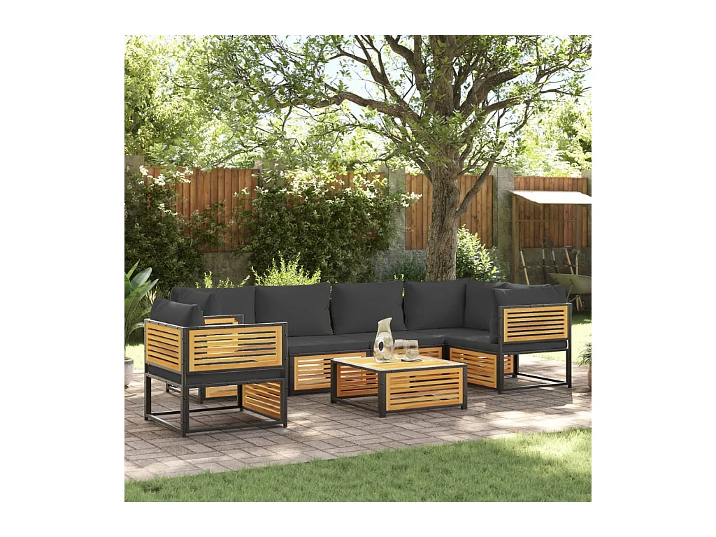 Salon de jardin avec coussins 7 pièces bois massif d'acacia