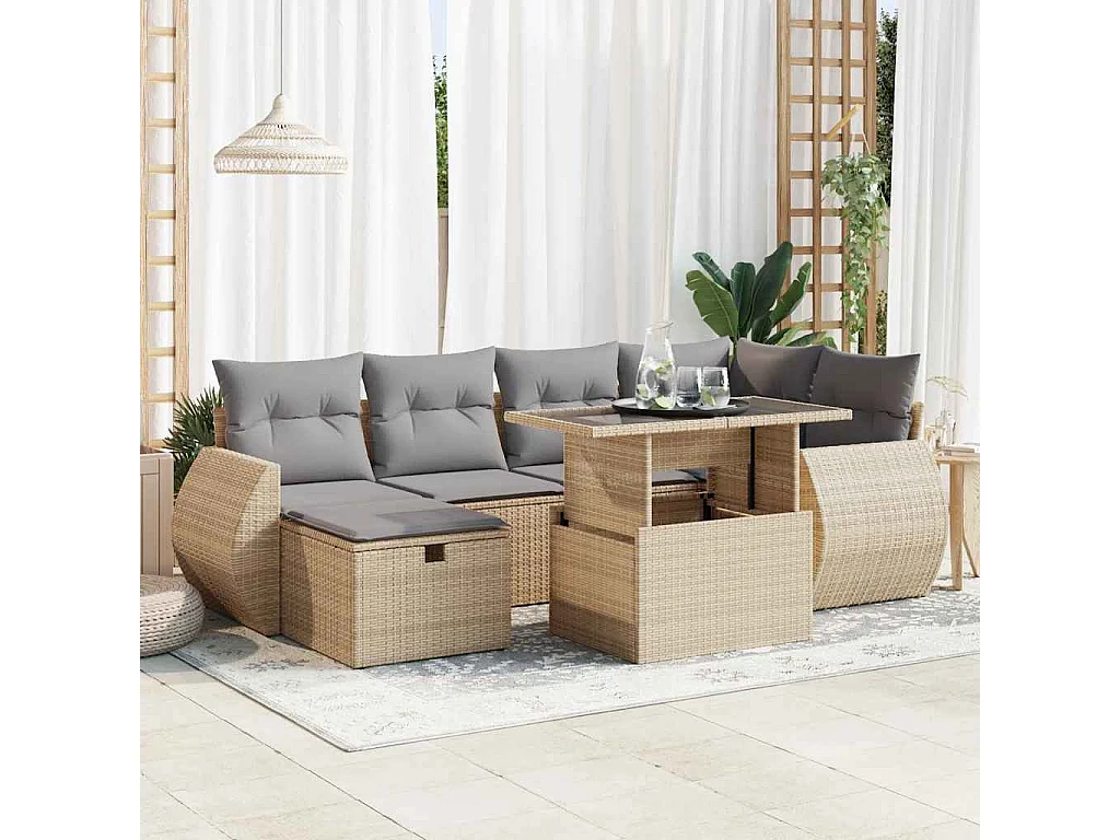 7 peças conjunto de sofás para jardim com almofadões vime PE bege