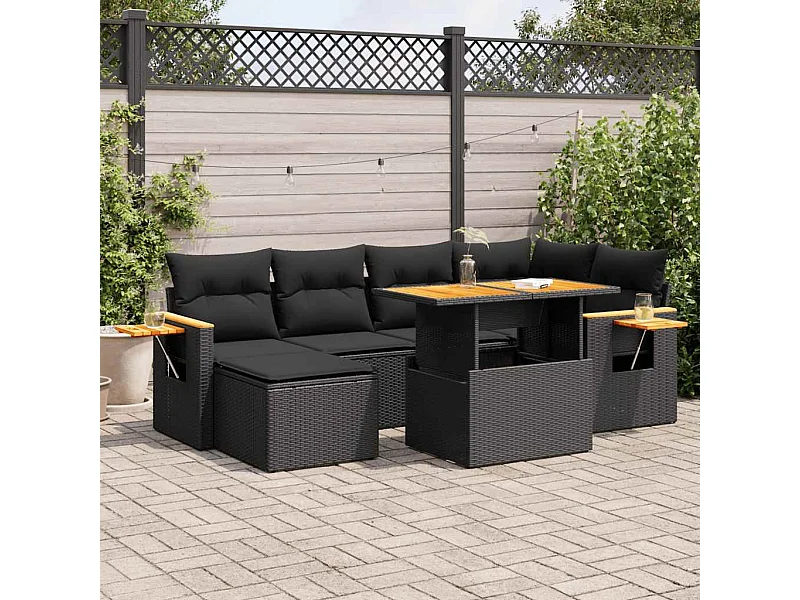 Set sofás jardín y cojines 7 piezas ratán sintético acacia negro