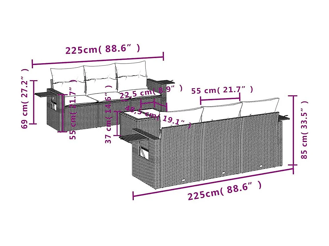 Salon de jardin avec coussins 7 pièces gris clair résine tressée